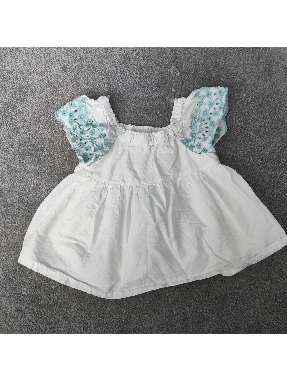Joie Girls White Dress with Aqua Embroidered Sleeves Size 5-6